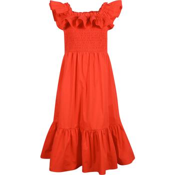 推荐Long ruffled dress with ruched top in red商品