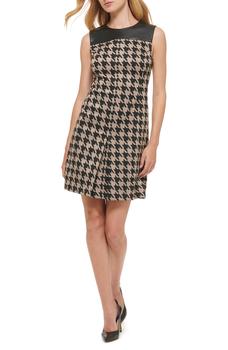 推荐Faux Leather Trim Houndstooth Dress商品