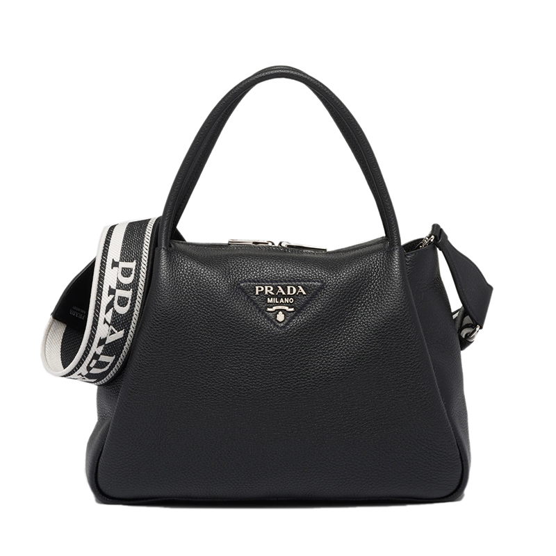Prada | PRADA/普拉达 22春夏新款 女士黑色皮革饰有三角徽标配织物肩带拉链开合单肩斜跨手提包1BC170_2DKV_F0002_V_3OO商品图片,额外9.5折, 包邮包税, 额外九五折