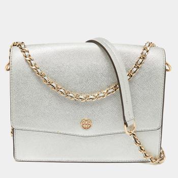 tory burch robinson, [二手商品] Tory Burch | Tory Burch Silver Saffiano Leather Robinson Flap Shoulder Bag商品图片 6.7折