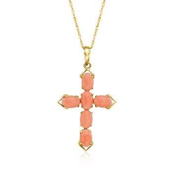 Ross-Simons | Ross-Simons Pink Coral Cross Pendant Necklace in 14kt Yellow Gold,商家Premium Outlets,价格¥2768