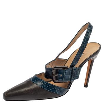 Manolo Blahnik直邮, [二手商品] Manolo Blahnik | Manolo Blahnik Grey/Blue Croc Embossed And Leather Slingback Sandals Size 37商品图片 4.5折