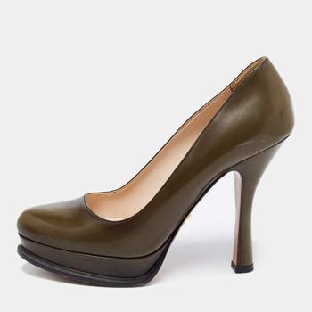 [二手商品] Prada | Prada Olive Green Leather Platform Pumps Size 39商品图片,8.1折, 满1件减$100, 满减