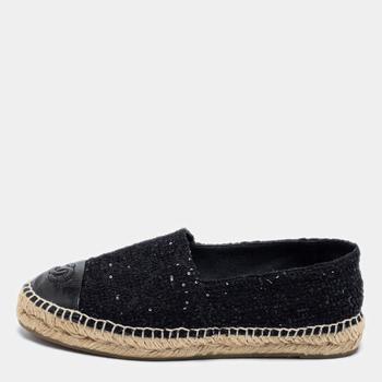 香奈儿鞋, [二手商品] Chanel | Chanel Black Tweed And Leather CC Cap Toe Espadrille Flats Size 38商品图片 9.3折, 满1件减$100, 满减