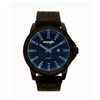 Wrangler | Men's Watch 48MM IP Black Case with Black Dial, Blue Index Markers, Sand Satin Dial, Analog, Date Function, Blue Second Hand, Black Strap with Blue Accent Stitch 