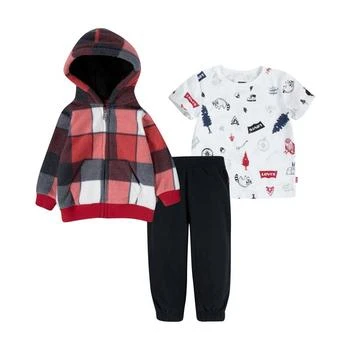 Levi's | Baby Boys Plaid Full-Zip Hoodie, Short Sleeve T-shirt and Joggers, 3 Piece Set 5.9折, 独家减免邮费