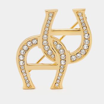 商品[二手商品] Aigner | Aigner Gold Tone Double Crystal Logo Pin Brooch,商家The Luxury Closet,价格¥709图片