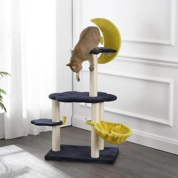THE LICKER STORE | Aurora 49" 3-Tier Modern Sisal Moon And Stars Cat Tree with Scratching Posts, Basket, and Fuzzy Bell Toys, Navy/Yellow/White,商家Premium Outlets,价格¥974