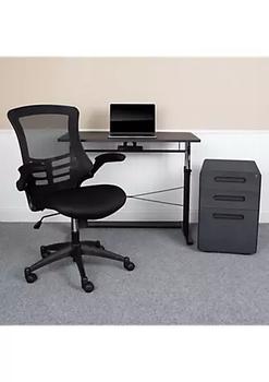 商品Work From Home Kit - Adjustable Computer Desk, Ergonomic Mesh Office Chair and Locking Mobile Filing Cabinet with Inset Handles图片