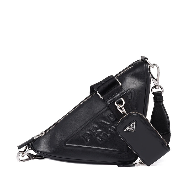 Prada | 【预售3-7天】PRADA/普拉达 21年秋冬 女士黑色皮革拉链开合附可拆卸可调徽标印花织物肩带皮革拉链小袋三角形手袋斜跨单肩包1BH190_2BYA_F0002_V_BRO商品图片,8折, 包邮包税