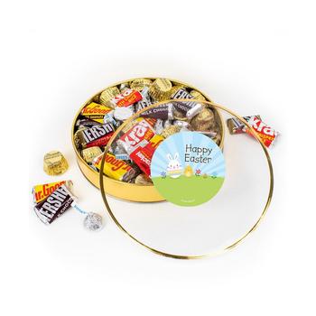 商品Easter Chocolate Gift Tin - Plastic Tin with Candy Hershey's Kisses, Hershey's Miniatures & Reese's Peanut Butter Cups - Bunny & Chick - By Just Candy图片