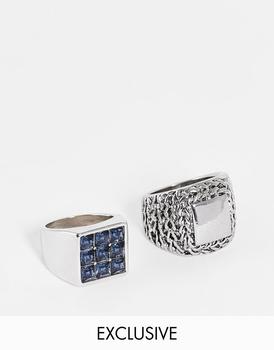 推荐Relaimed Vintage inspired unisex ring pack with faux crystals in silver商品