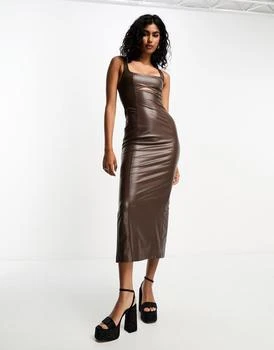 Bershka | Bershka cut out front strappy faux leather midaxi dress in chocolate 