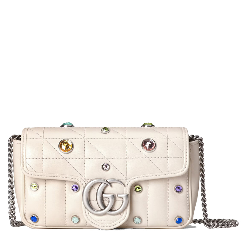 gancini单肩包, Gucci | GUCCI/古驰 GG Marmont系列 女士超迷你白色绗缝皮革五彩水晶装饰复古银饰双G单肩斜挎链条包476433DTD8X9171商品图片 8折×额外9.5折, 包邮包税, 额外九五折