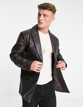 推荐Topman leather boxy slim blazer in brown商品