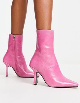 ASOS | ASOS DESIGN Reign premium leather mid-heeled boots in pink商品图片,