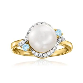 Ross-Simons | Ross-Simons 8.5-9mm Cultured Pearl, White Zircon and . Swiss Blue Topaz Ring in 18kt Gold Over Sterling,商家Premium Outlets,价格¥831