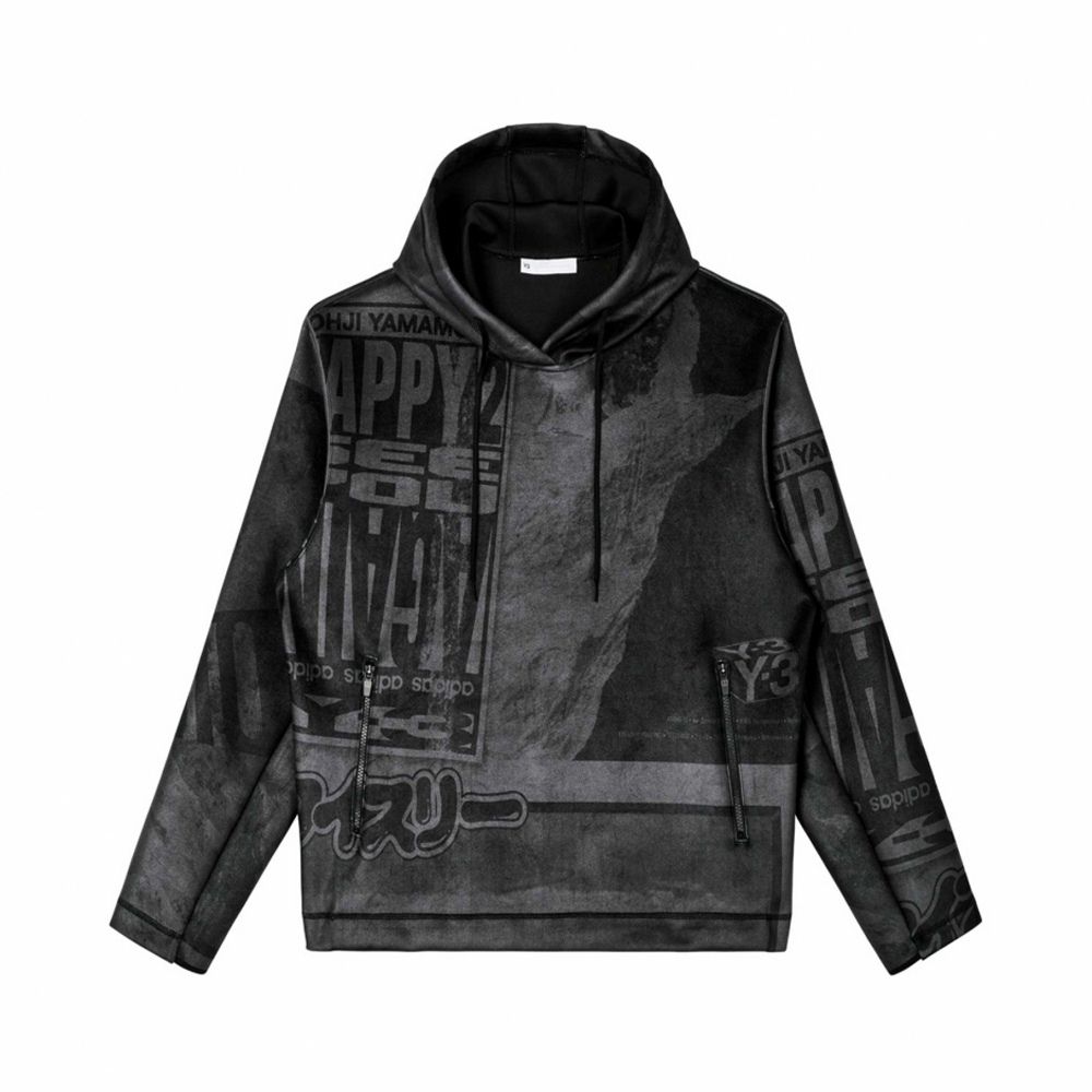 Y-3 | Y-3 男士黑色天鹅绒效果通体图案印花连帽卫衣 HB3319商品图片,独家减免邮费