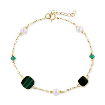 商品Effy | EFFY® Freshwater Pearl (4-1/2mm), Malachite, & Emerald (1/4 ct. t.w.) Link Bracelet in 14k Gold,商家Macy's,价格¥4940图片