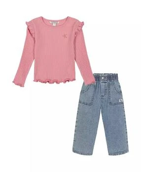 Calvin Klein | Toddler and Little Girls Long Sleeve Flutter-Trim Ribbed Top and Denim Paper-bag Waist Pants,商家Macy's,价格¥178