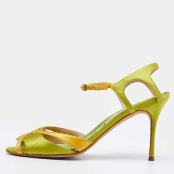 Manolo Blahnik直邮, [二手商品] Manolo Blahnik | Manolo Blahnik Green/Yellow Satin Ankle Strap Sandals Size 39.5商品图片 8.1折, 满1件减$100, 满减