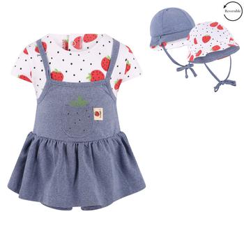 推荐Strawberries bodysuit dress and reversible hat with chin strap in blue and white商品