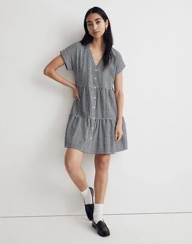 推荐Cuff-Sleeve Button-Front Tiered Mini Dress in Gingham Check商品