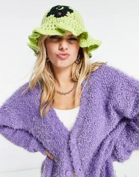 推荐COLLUSION crochet bucket hat with flower design in lime商品