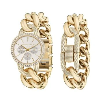 推荐Women's Large Open-Link Crystal Embellished Gold Tone Stainless Steel Strap Analog Watch and Bracelet Set商品