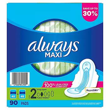 商品Always | Always Maxi Long Super Pads, Unscented - Size 2 (90 ct.),商家Sam's Club,价格¥101图片