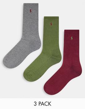 推荐Polo Ralph Lauren 3 pack mercerized cotton socks in burgundy, grey and green with logo商品