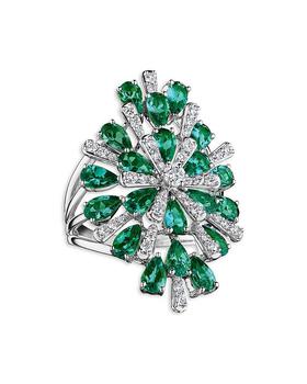 商品18K White Gold Botanica Emerald & Diamond Floral Burst Cluster Ring图片