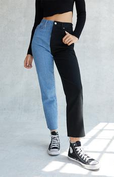 推荐Eco Black Two-Tone High Waisted Straight Leg Jeans商品