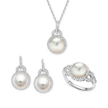 商品Macy's | 3-Pc. Set Cultured Freshwater Pearl (9mm) & White Zircon (1-1/2 ct. t.w.) Pendant Necklace, Ring, & Matching Drop Earrings in Sterling Silver,商家Macy's,价格¥3361图片