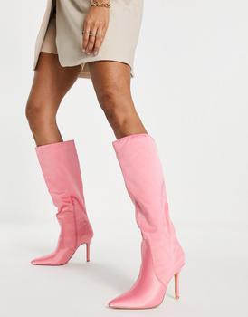 推荐Public Desire Best Believe knee high heel boots in pink satin商品