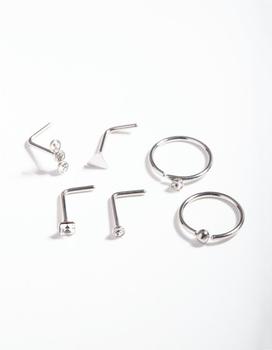 商品Rhodium Surgical Steel Geometric Diamante Nose Ring 6 Pack图片