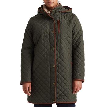 Ralph Lauren | Plus Size Faux-Leather Trimmed Hooded Quilted Coat, Created for Macy's商品图片,3.9折