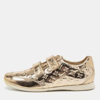 lv鞋真假, [二手商品] Louis Vuitton | Louis Vuitton Metallic Gold Monogram Embossed Leather Velcro Strap Sneakers Size 40.5商品图片 4.1折