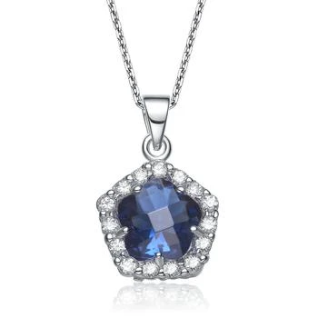 Sterling Silver White Gold Plated Sapphire Cubic Zirconia Flower Shape Drop Pendant Necklace