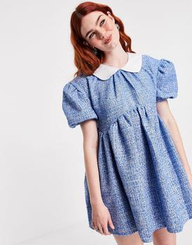 商品Sister Jane tweed mini dress in baby blue with white peterpan collar图片