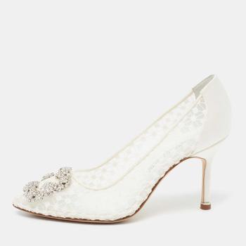Manolo Blahnik直邮, [二手商品] Manolo Blahnik | Manolo Blahnik White/Grey Lace and Satin Hangisi Pointed Toe Pumps Size 36商品图片 8.3折, 满1件减$100, 满减