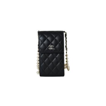 Chanel | Chanel Phone Holder With Pearl Chain Lambskin Black Gold商品图片,