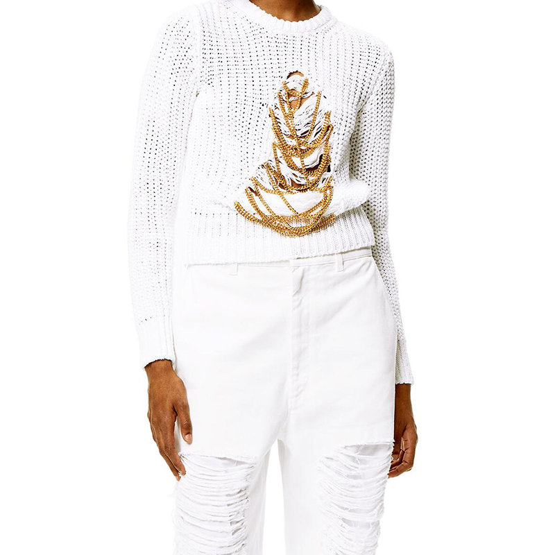 Loewe | 【预售3-7天】LOEWE/罗意威 22年秋冬新款 女士牛软白色系工刺绣金链罗纹麻和亚麻针织圆领毛衣S359Y14KAD-1950商品图片,8折×额外9.5折, 包邮包税, 额外九五折