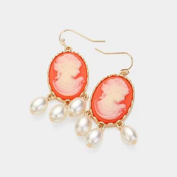 FASHNZFAB | Triple Pearl Embellished Cameo Dangle Earrings - Coral,商家Premium Outlets,价格¥161