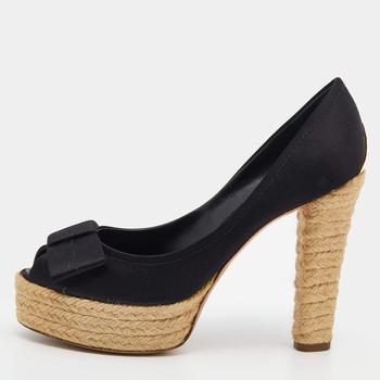 lv鞋, [二手商品] Louis Vuitton | Louis Vuitton Black Satin Espadrille Peep Toe Platform Pumps Size 38商品图片 9.5折, 满1件减$100, 满减