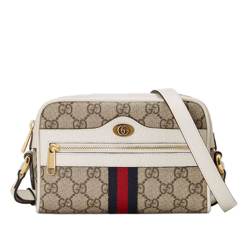 古驰女包, Gucci | GUCCI/古驰 22春夏新款Ophidia系列 女士迷你米色/乌木色老花帆布白色皮革滚边红蓝织带细节金扣拉链开合斜跨单肩包商品图片 8折×额外9.5折, 包邮包税, 额外九五折