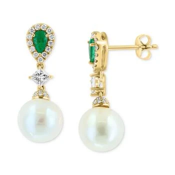 Effy | EFFY® Freshwater Pearl (9mm), Emerald (3/8 ct. t.w.) & Diamond (5/8 ct. t.w.) Drop Earrings in 14k Gold 4.5折×额外8折, 独家减免邮费, 额外八折
