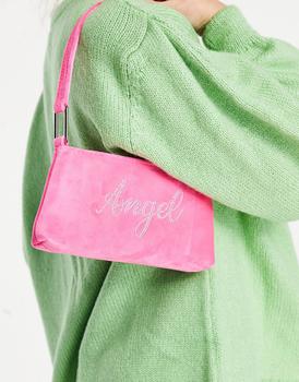 asos腋下包, ASOS | ASOS DESIGN mini shoulder bag with angel diamante in pink velour商品图片 