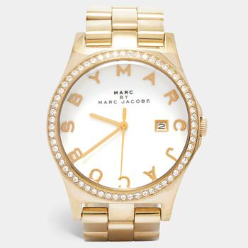 [二手商品] Marc Jacobs | Marc by Marc Jacobs White Gold PVD Coated Stainless Steel Crystal Embellished MBM3045 Henry Women's Wristwatch 38 MM商品图片,5.3折