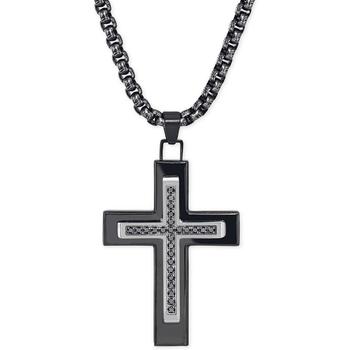 Esquire Men's Jewelry | Black Diamond (1/4 ct. t.w.) Cross Necklace in Black IP over Stainless Steel, Created for Macy's商品图片,6折